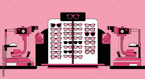 Illustration Of An Optometry Clinic's Equipment With Spectacles Display And Pink Color Theme