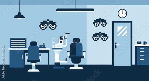 Illustration Of An Optometry Clinic Interior with Examination Tools and Equipment