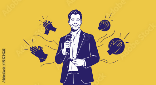 Man with microphone speaking to audience applause and questions.