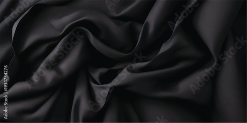 Abstract black silk texture background with flowing, wavy patterns and smooth gradients. Horizontal image with space for text.

