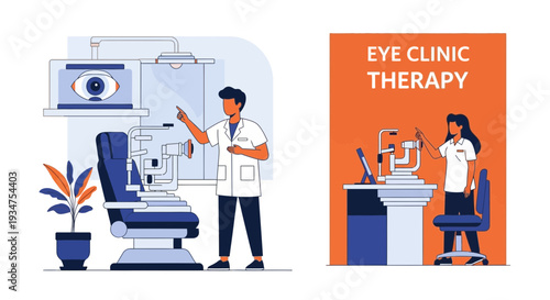 Illustration Of An Eye Clinic Featuring Ophthalmologist And Eye Exam Technology