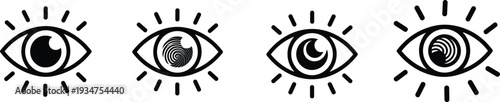 Mystical eye icon set with spiral pupil variations, occult vision symbols vector isolated on white background