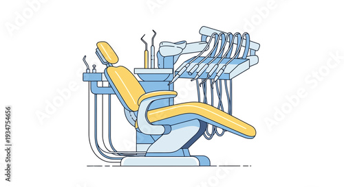 Illustration Of Dentist Chair And Dental Instruments In Modern Flat Line Art Style