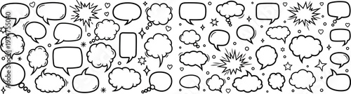 Hand drawn comic speech bubble vector set featuring blank chat balloons thought clouds and exclamation bursts with stars for pop art dialog boxes message communication and cartoon UI design elements