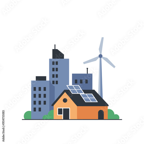 Eco friendly city with renewable energy sources and solar panels on a house  sustainable urban development with wind turbine and green buildings