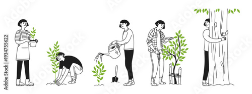 A doodle set of a woman growing and caring for a plant at different stages. Eco-concept, nature. Tree, sprout, and people. Vector linear illustration.