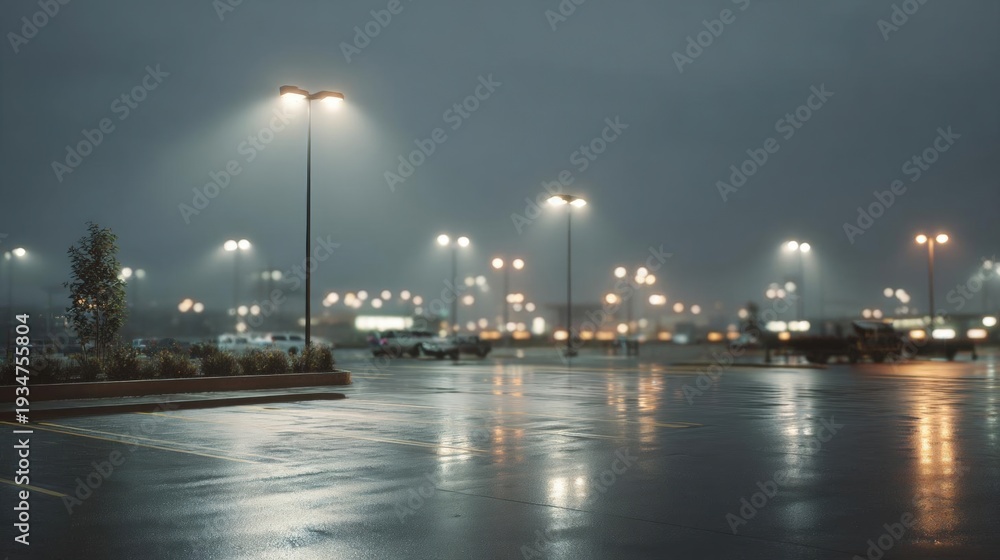 Fototapeta premium Empty parking lot at night. the sky is dark and cloudy, and the ground is wet, indicating that it has recently rained.