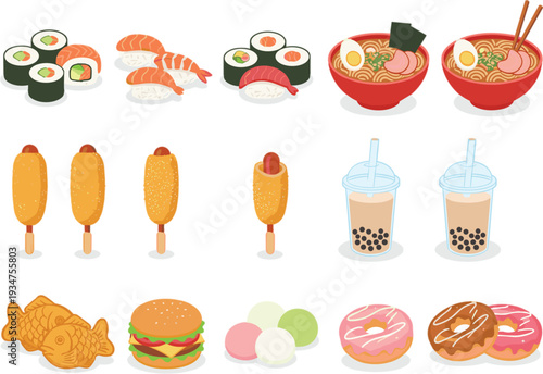 Cute Japanese food and fast food cartoon set with sushi ramen burgers drinks and sweet desserts
