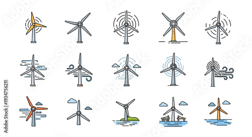 Illustrated collection of modern wind turbines representing renewable energy and sustainability