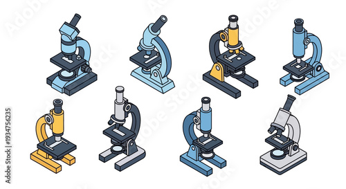 Illustrated Isometric Renderings of Laboratory Microscopes in Varied Tones and Outlines