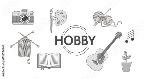 Illustration depicting various leisure activities and creative pursuits, a concept of hobby