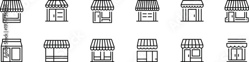 Set of minimal outline storefront icons featuring retail shops, small business facades, boutiques, markets, cafes, and commercial buildings for web design
