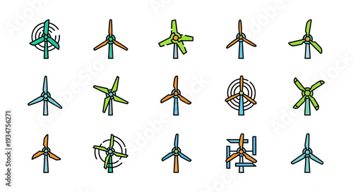 Illustration of colorful wind turbines, representing renewable energy and sustainability designs