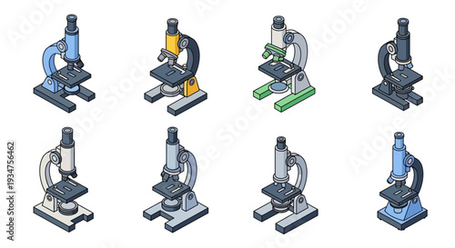 Isometric illustrations of various color microscopes for scientific, educational, and medical usages