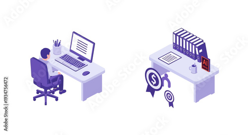 Isometric office scene depicting work, files, and financial goals with a modern aesthetic