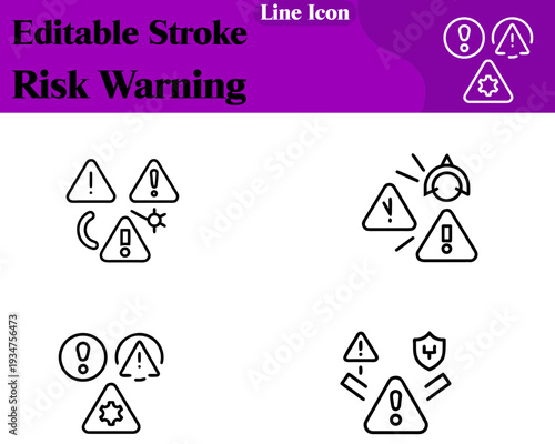Risk Warning Set line icon. Supporting elements like a shield crack hazard stripe alert symbol reinforce the warning theme. Created in a clean flat style with sharp edges and strong contrast.