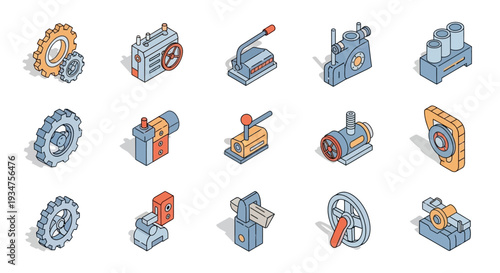 Isometric machinery illustrations depicting industrial mechanical components and gears