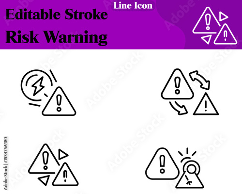 Risk Warning Set line icon. Supporting elements like a shield crack hazard stripe alert symbol reinforce the warning theme. Created in a clean flat style with sharp edges and strong contrast.