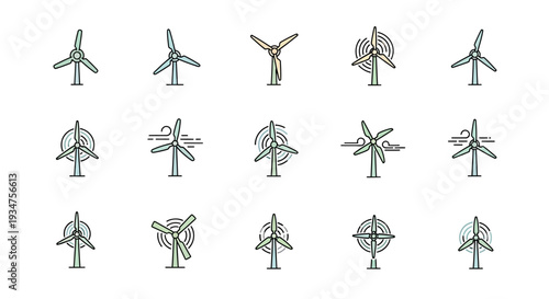 Set of minimalist wind turbine icons representing sustainable energy and renewable resources