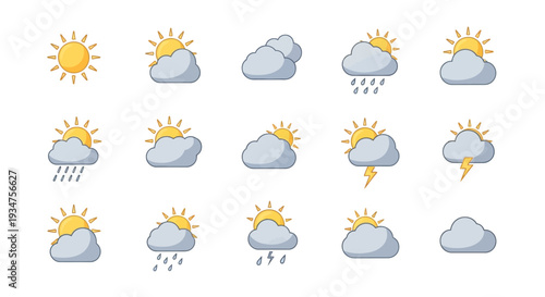 Weather Icon Set: Sun, Clouds, Rain, and Lightning Depicted in a Graphic Style