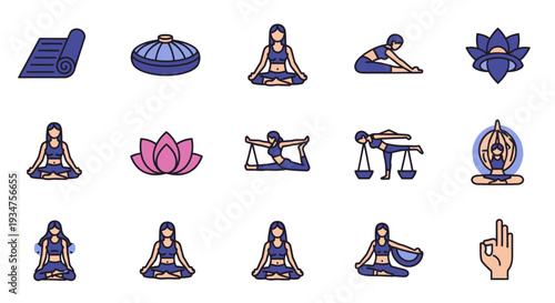 Yoga poses illustration, lotus flower, wellness, meditation, health, and fitness icons and symbols