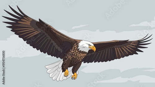 A majestic bald eagle soars through the cloudy sky with wings spread wide.