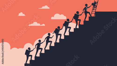 A diverse team of business people climb a ladder and stairs towards success.