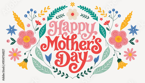 A vibrant floral arrangement featuring pink blue and purple blossoms gracefully adorns a happy mother s day greeting high-quality professional detailed modern elegant stylish clean