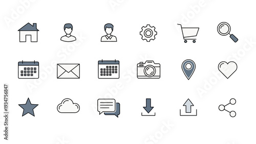 Modern web and app interface icons collection for digital design.