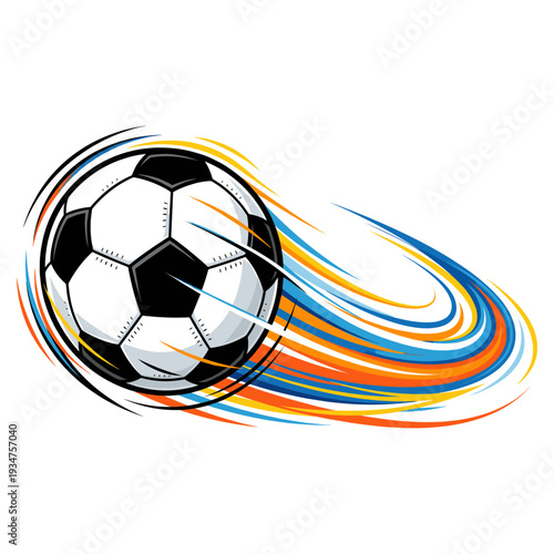 Dynamic soccer ball with colorful motion lines representing speed and action.