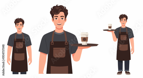 A friendly male barista or waiter character in a brown apron holding a coffee cup on a tray, depicted in three poses.