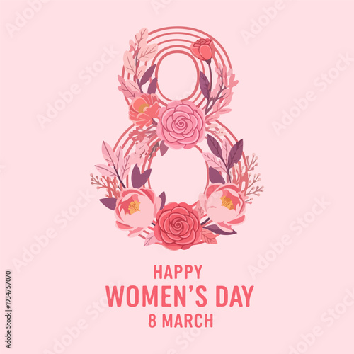 Happy Women’s Day 8 March Floral Number Eight Illustration Greeting Design
