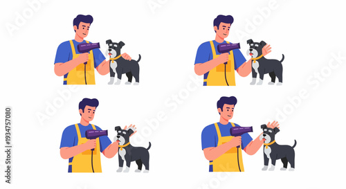 A male dog groomer drying a small black and white dog with a hairdryer in a four-panel sequence.
