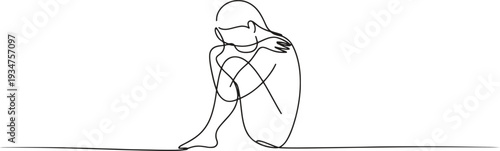 A single-line drawing of a person curled up in a sad embrace.