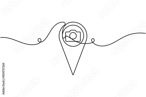 Camera with location pin sign icon continuous one line art single drawing on white background minimal map marker tag photo line symbol outline vector illustration