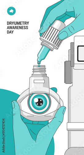 Illustration Of Eye Drops Being Administered For Dry Eye Syndrome, Medical Treatment And Awareness