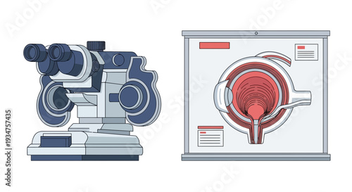 Illustration Of Eye Exam Tools With Depiction Of Human Eye Anatomy Showing Medical Focus