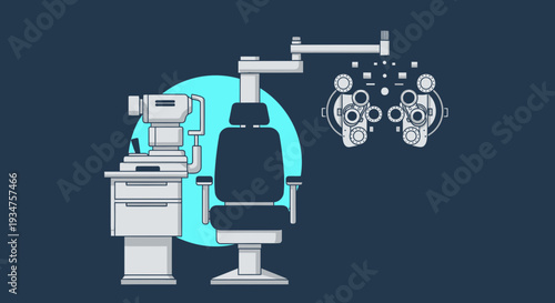 Illustration Of Eye Examination Instruments And Equipment In An Optometry Clinic Setting