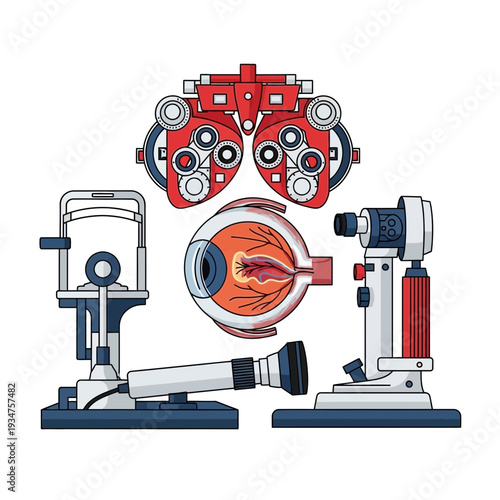 Illustration Of Eye Examination Tools And Anatomy Displaying Ophthalmic Medical Concepts Clearly