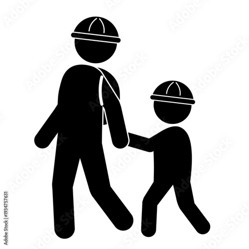 ヘルメットをかぶって避難する親子のピクトグラム