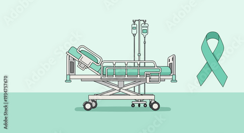 Illustration Of Hospital Bed With Infusion And Green Ribbon Depicting Care and Cure