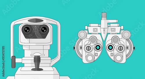 Illustration Of Optometric Equipment Against Teal Backdrop Representing Eye Examination Procedures