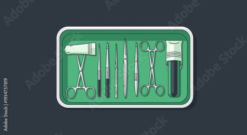 Illustration Of Medical Instruments Arranged In A Tray Depicting Healthcare And Surgical Tools