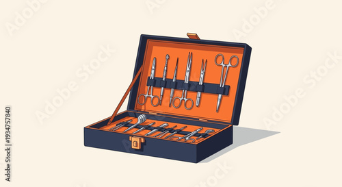 Illustration Of Medical Instruments Kit Displayed In Open Case On The Light Background