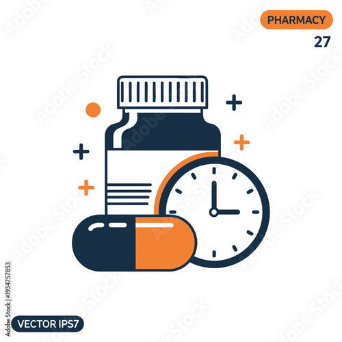 Illustration Of Medication Bottle, Pill, And Clock Representing Healthcare And Pharmacy Concepts