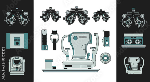 Illustration Of Optometric Equipment Depicting Vision Diagnostic Tools In Flat Style