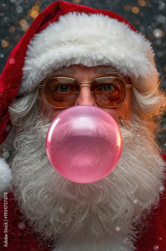Wallpaper Mural Santa playfully blows a glossy bubblegum bubble amid warm festive lights and winter charm Torontodigital.ca