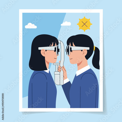 Illustration Of Optometrist And Patient Undergoing Eye Examination With Diagnostic Tools