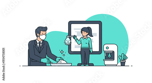 Illustration Of Office Employees Sanitizing And Preparing Beverages During Pandemic