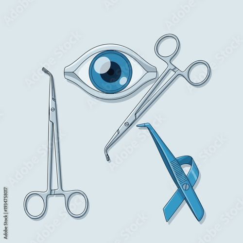 Illustration Of Ocular Surgical Tools Near An Eyeball Representing Ophthalmology And Vision